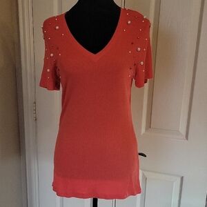 Elegant Coral V-Neck Top with Pearl Accents NWT